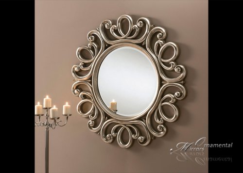 Ornate silver round mirror